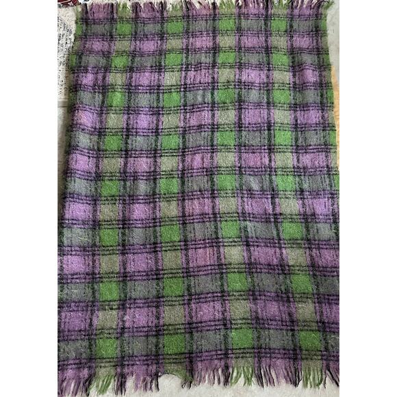 Vintage mohair blend throw blanket purple green 50x70”plaid moffat handloom - Picture 5 of 16